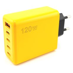 Sárga, 120W-os gyorstöltő adapter QC3.0 és USB-C portokkal.