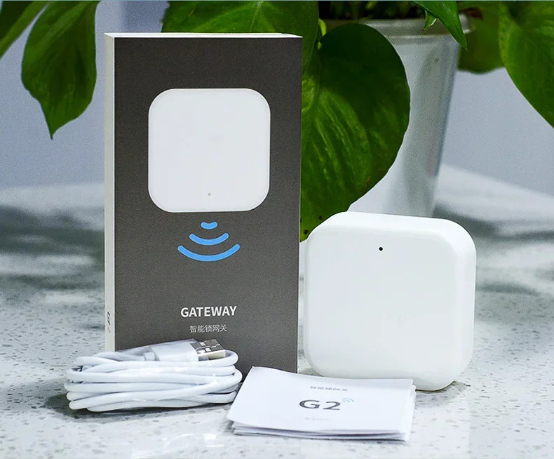 Gateway okos otthon hub a dobozában, fehér USB kábellel és növényi háttérrel.