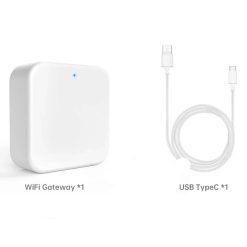 WiFi Gateway és USB Type-C kábel fehér háttérrel.