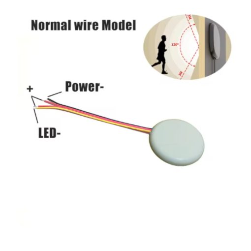 LED bekötési útmutató ábrával és mozgásérzékelő jelzéssel.