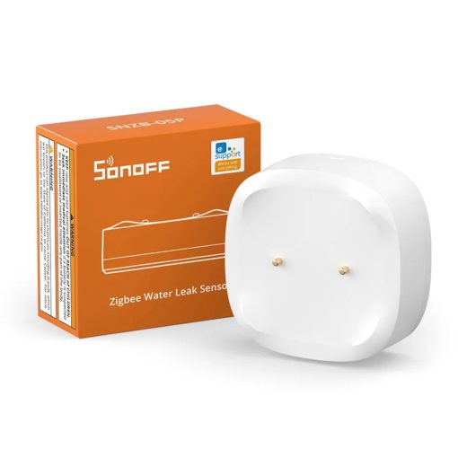 SONOFF Zigbee vízérzékelő szenzor és narancssárga csomagolás.