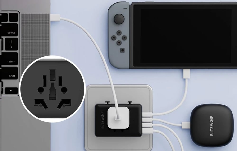 BlitzWolf BW-TA1 4 az 1-ben utazós adapter 2xUSB+USB-C+PD, 20W 3