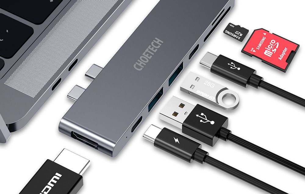 Choetech HUB-M14 dokkolóállomás Macbook Pro-hoz, 7-in-2 USB-C, Thunderbolt 3 (ezüst) 3