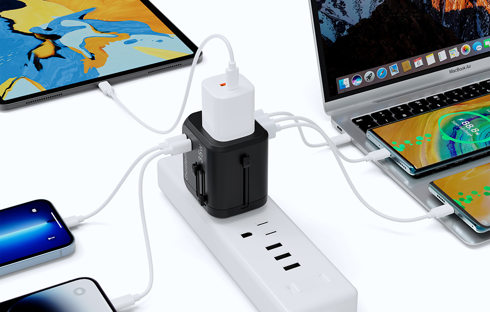 Choetech PD5008 utazó hálózati töltő, 3xUSB-A, 2xUSB-C, GaN, 35W, US/EU/UK/AU (fekete) 2