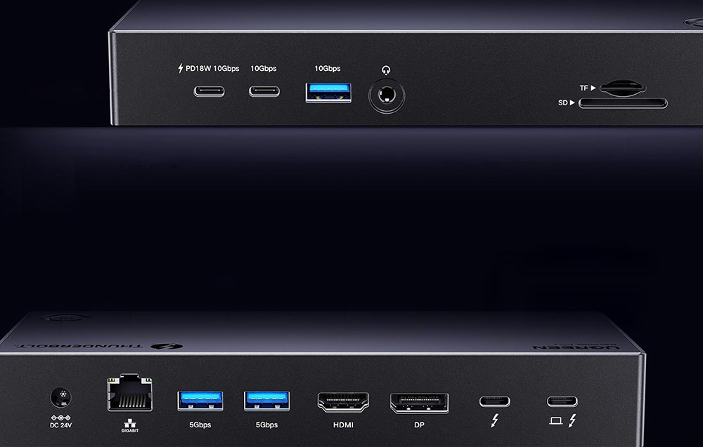 13in1 Ugreen Revodok Max 313 Thunderbolt 4 dokkolóállomás 2x USB 3.0, USB 3.2, USB-C 3.2, HDMI 2.1, DisplayPort 1.4, SD/microSD, RJ45, AUX 3.5mm, PD 140W 7