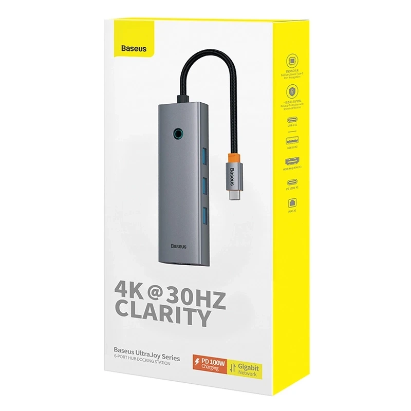 Baseus UltraJoy 6 az 1-ben USB-C Hub, HDMI4K@30Hz1+3xUSB 3.0+PD+RJ45 (szürke) 7