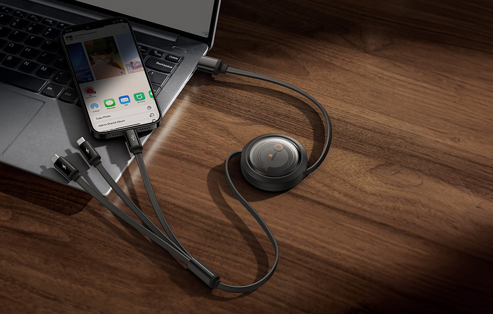 Baseus Free2Draw gyorstöltő kábel 3:1, USB-micro USB+USB-C+Lightning, 3,5A, 1,1m, fekete 6