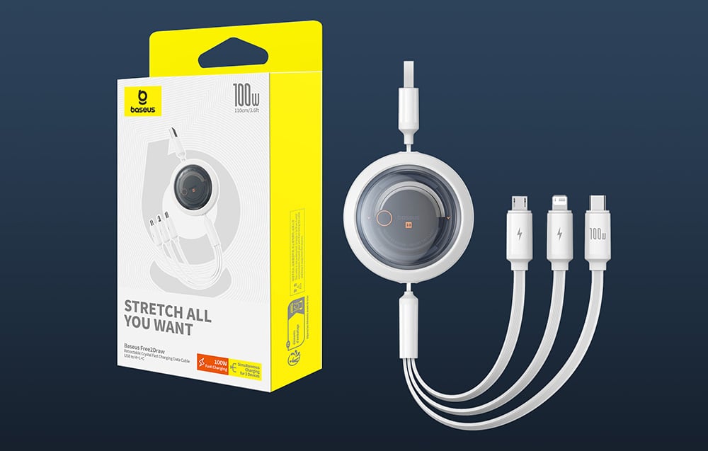 Baseus Free2Draw kábel, 3:1, USB-M+L+C, 100W, 1,1m, fehér 1