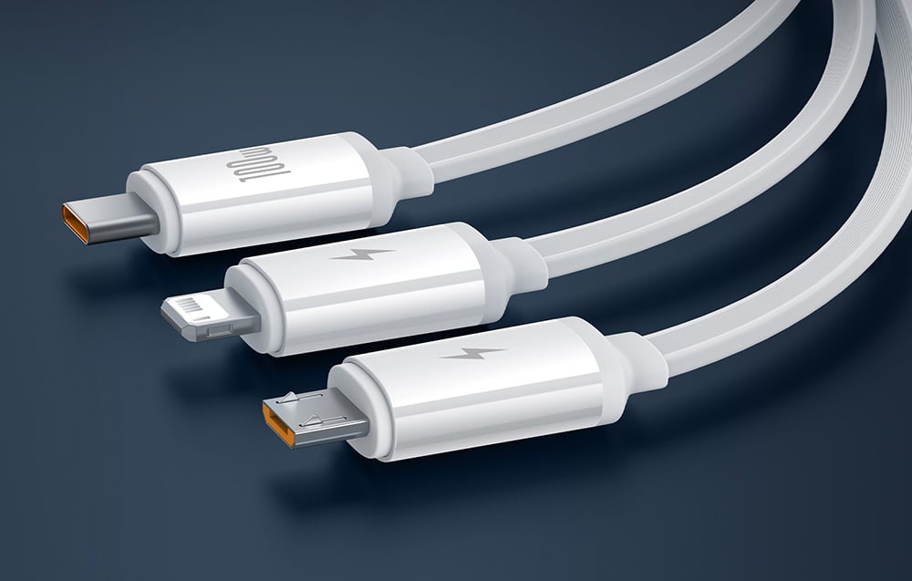 Baseus Free2Draw kábel, 3:1, USB-M+L+C, 100W, 1,1m, fehér 2