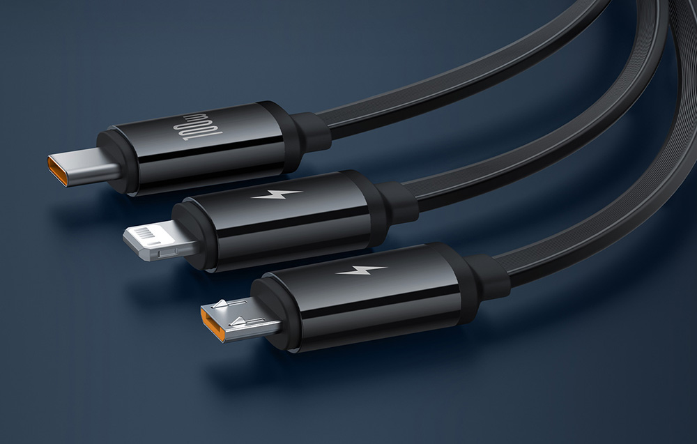 Baseus Free2Draw kábel, 3:1, USB-M+L+C, 100W, 1,1m, fekete 2