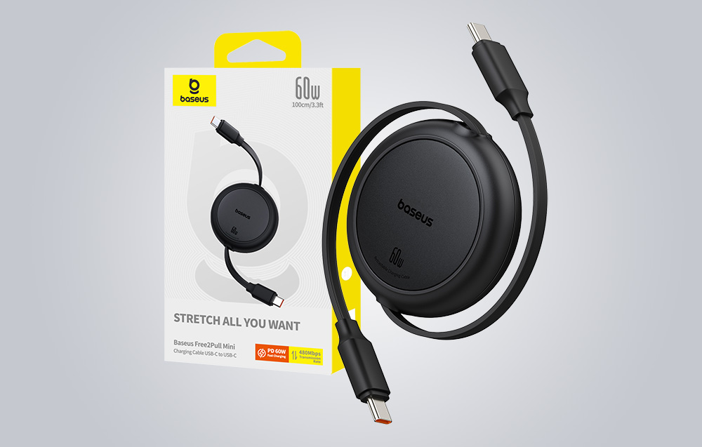 Baseus Free2Pull Mini USB-C – USB-C USB-kábel, 60W, 1m, fekete 3