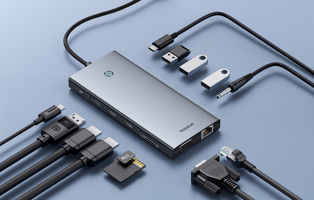 Baseus PortalJoy, 13:1, USB-C hub HDMI+DP+VGA+C+USB+PD+RJ45+SD/TF+3.5mm, szürke 1