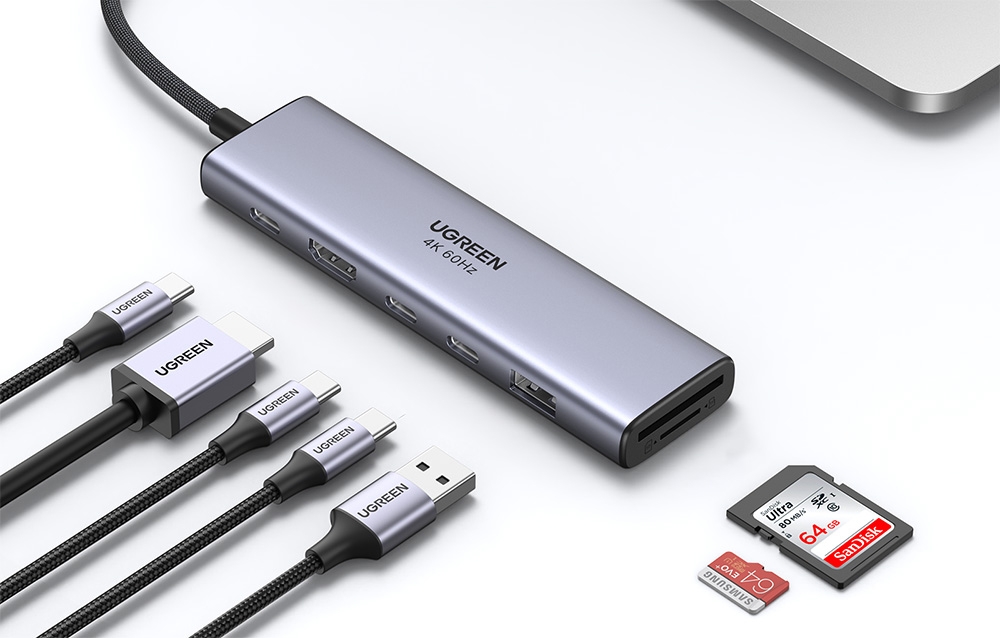 Hub / Adapter Ugreen Revodok 7in1 USB-C to 2x USB-C 3.2, USB-A 3.2, HDMI 4K 60Hz, SD/TF, PD 100W 1