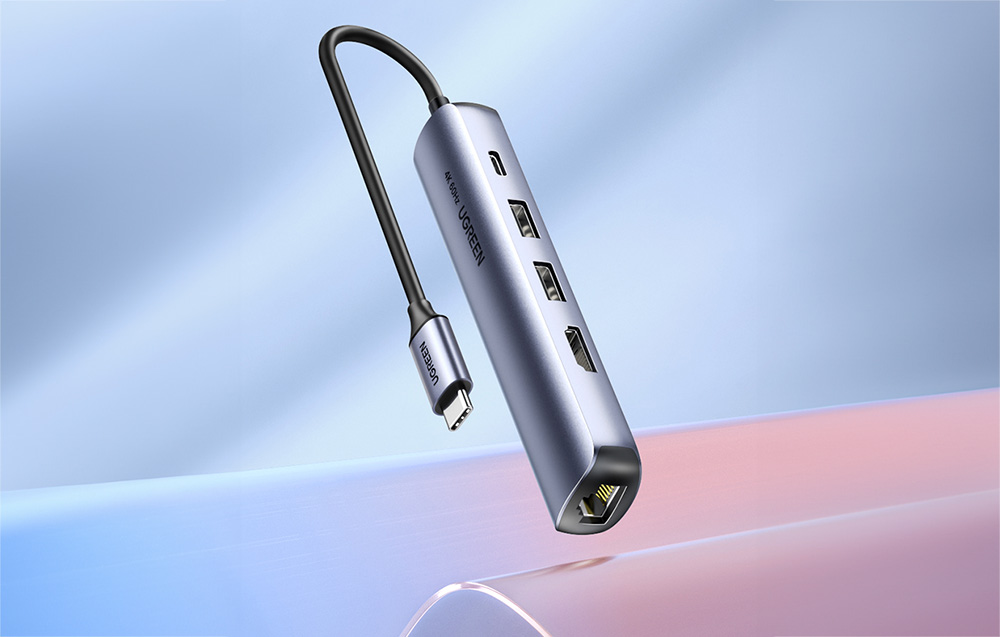 Ugreen Revodok CM418, USB-C to 2x USB, HDMI 4K 30 Hz, RJ45 1Gbps, PD 100W, szürke 1