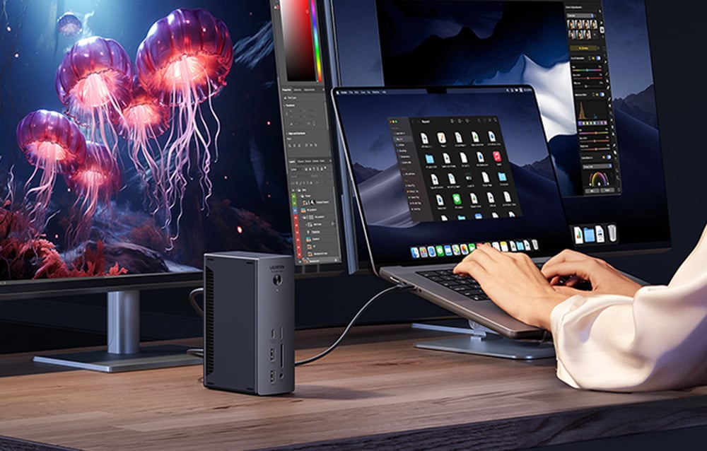 Ugreen U710, 2x Thunderbolt 4, DisplayPort 8K 30Hz, 4x USB, USB-C, RJ45, SD/TF, AUX, PD 90W, szürke 2