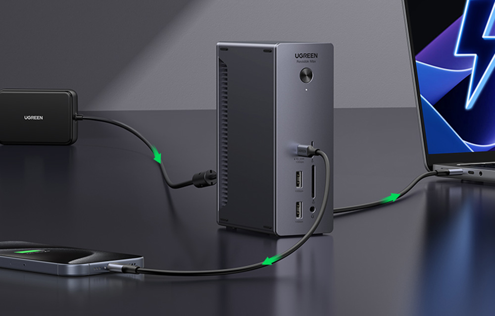 Ugreen U710, 2x Thunderbolt 4, DisplayPort 8K 30Hz, 4x USB, USB-C, RJ45, SD/TF, AUX, PD 90W, szürke 6