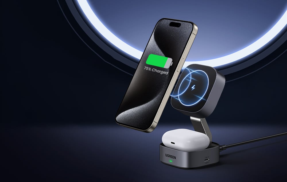 Ugreen W256 Qi induktív töltő 2:1 iPhone-hoz, AirPods-hoz, 20W, fekete, USB-C - USB-C kábel 1m 2