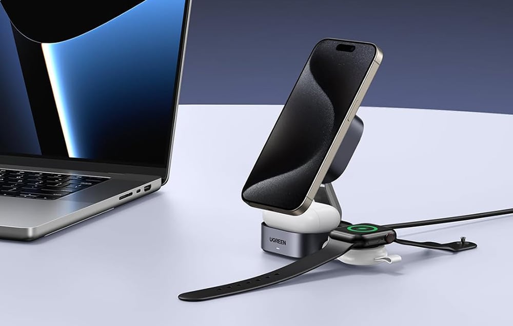Ugreen W702, Qi 2-in-1 induktív töltő, iPhone, AirPods, 15W, szürke 2