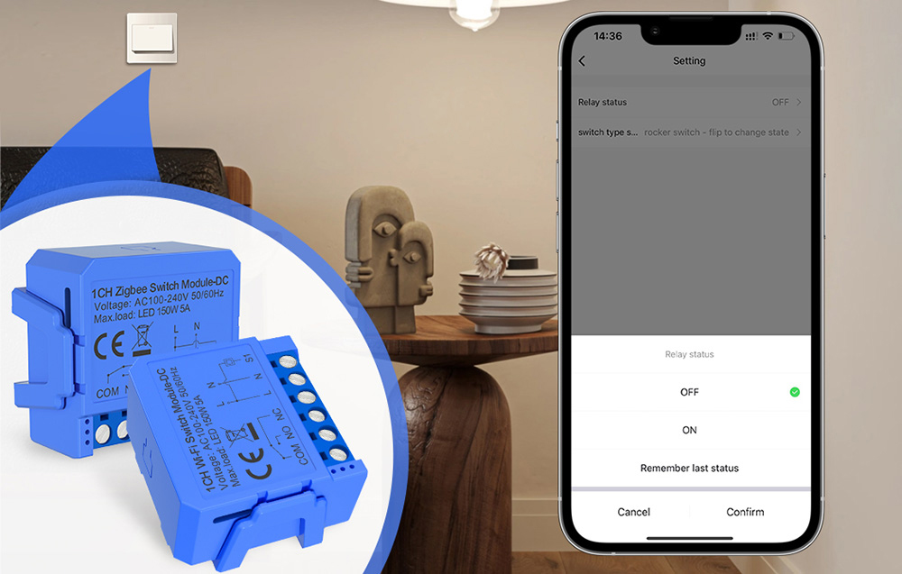 1 csatornás ZigBee kapcsolómodul feszültségmentes érintkezővel Avatto ZWSM16-DC32V-1 2