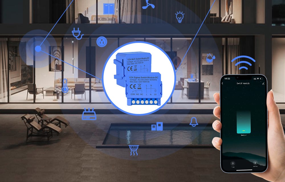 Intelligens 1 csatornás WiFi kapcsolómodul feszültségmentes egyenáramú érintkezővel Avatto WSM16-DC-1 4